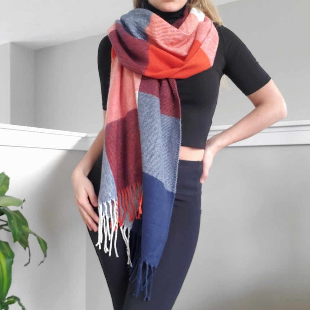 Plaid Blanket Scarf Blue, Orange, Red, White